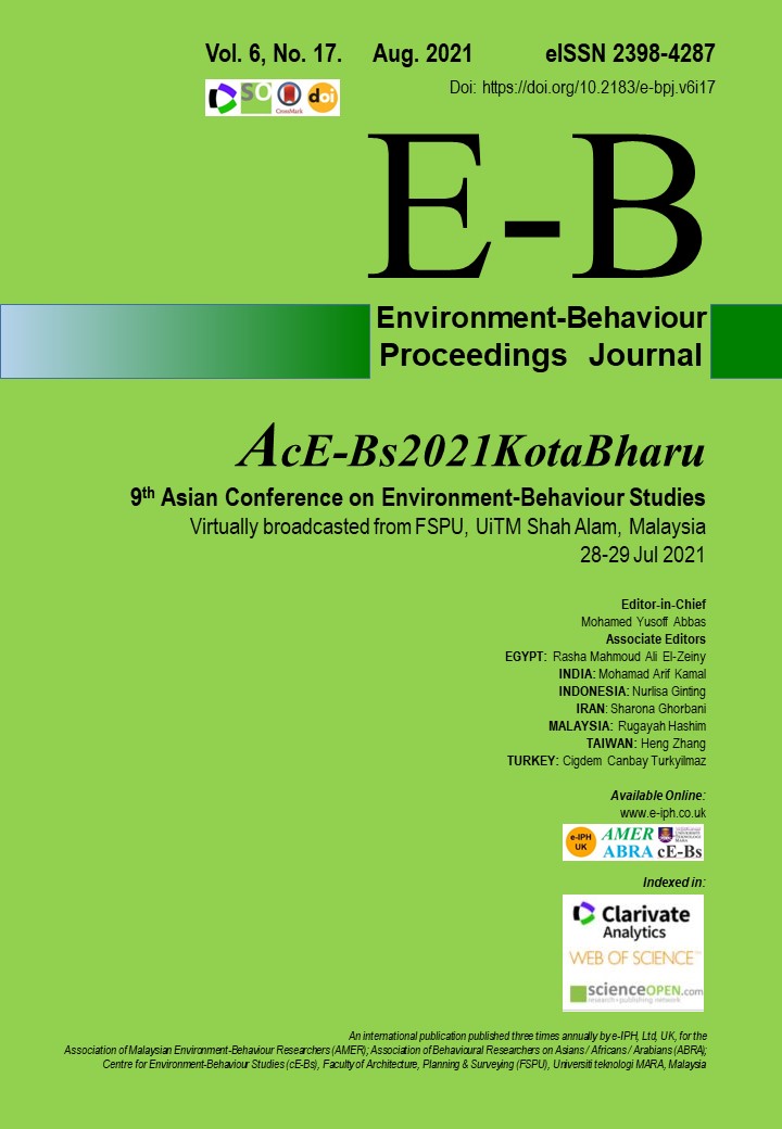 					View Vol. 6 No. 17 (2021): Aug. 9th Asian Conference on Environment-Behaviour Studies, AcE-Bs2021, 28-29 Jul 2021 
				