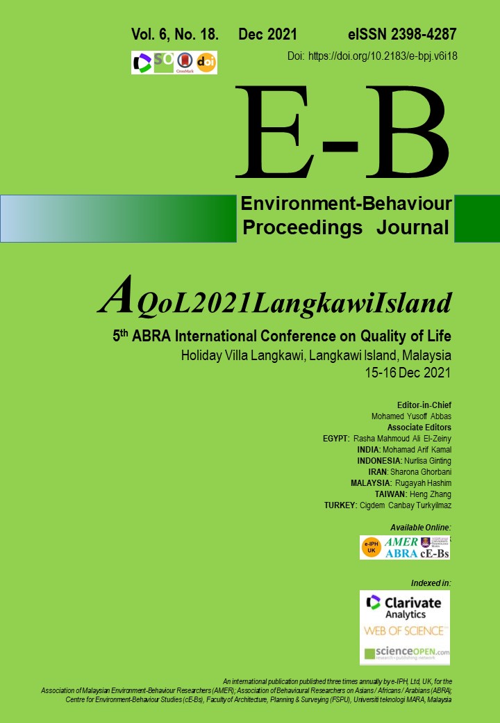 					View Vol. 6 No. 18 (2021): Dec. 5th ABRA International Conference on Quality of Life, AQoL2021 Langkawi Island, Malaysia, 15-16 Dec 2021
				