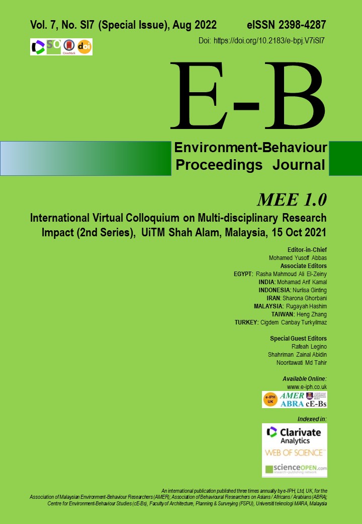 					View Vol. 7 No. SI7 (2022): Aug. Special Issue No. 7. International Virtual Colloquium on Multi-disciplinary Research Impact (2nd Series), MEE 1.0,  UiTM Shah Alam, Malaysia, 15 Oct 2021
				